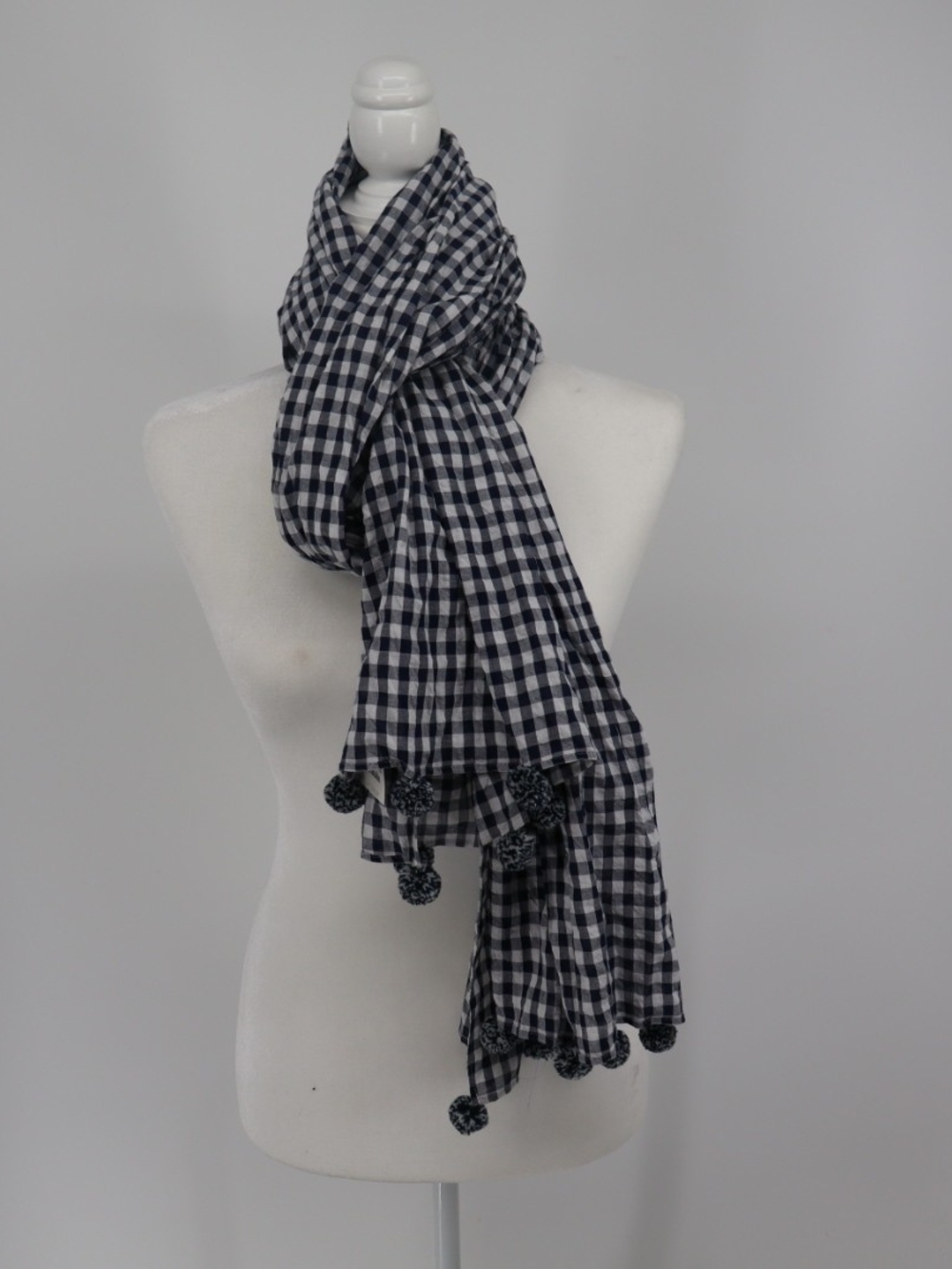 J.Crew Navy White Gingham Plaid Pom Pom Scarf 100% Cotton NWT Preppy Picnic